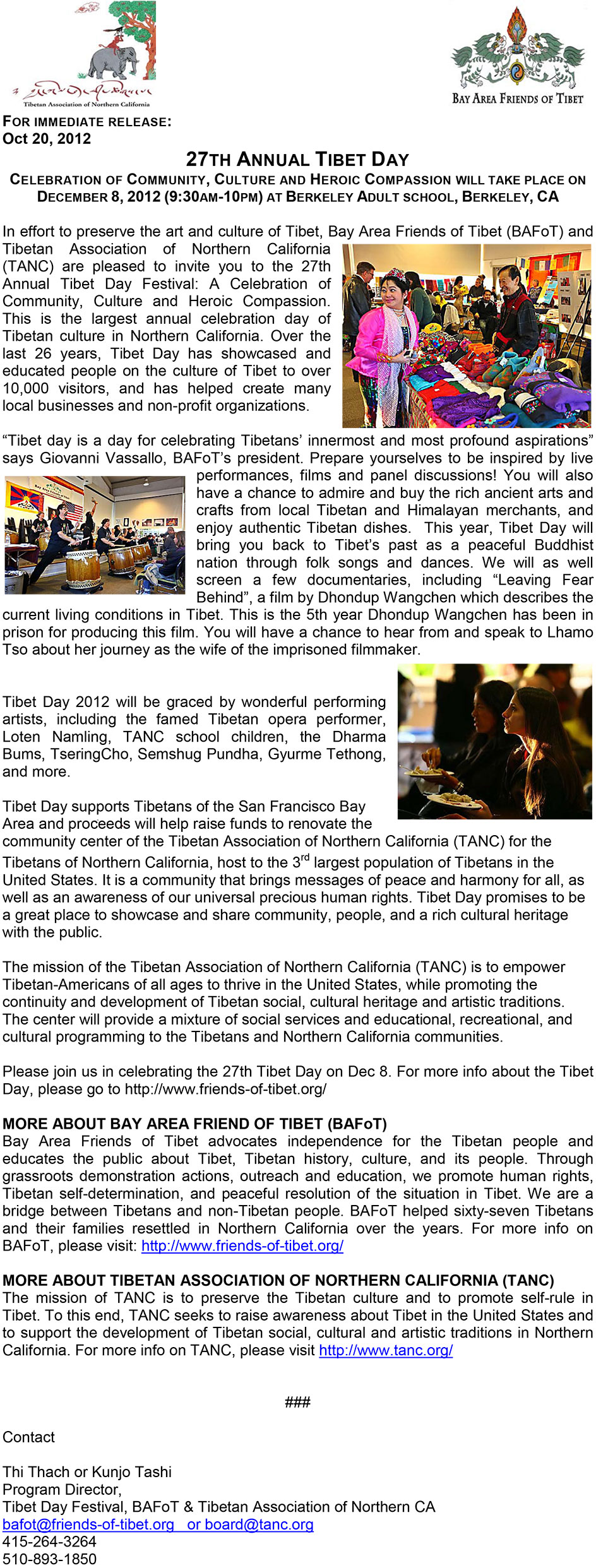 Tibet Day 2012 Press Release